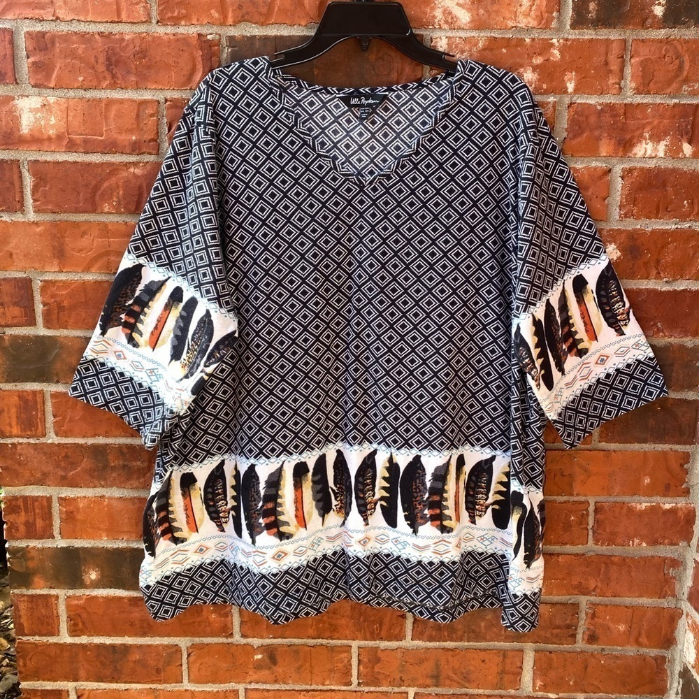 Ulla Popken Womens 16/18 Black Geometric Feather Print Elbow Sleeve Tunic Top